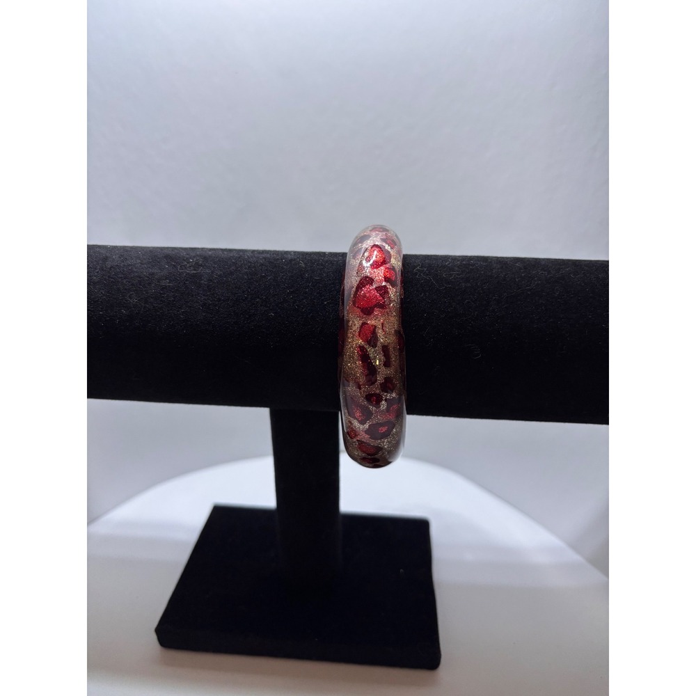 Red Leopard Print Resin Bangle Bracelet Gold Glitter Animal Print Chunky Jewelry